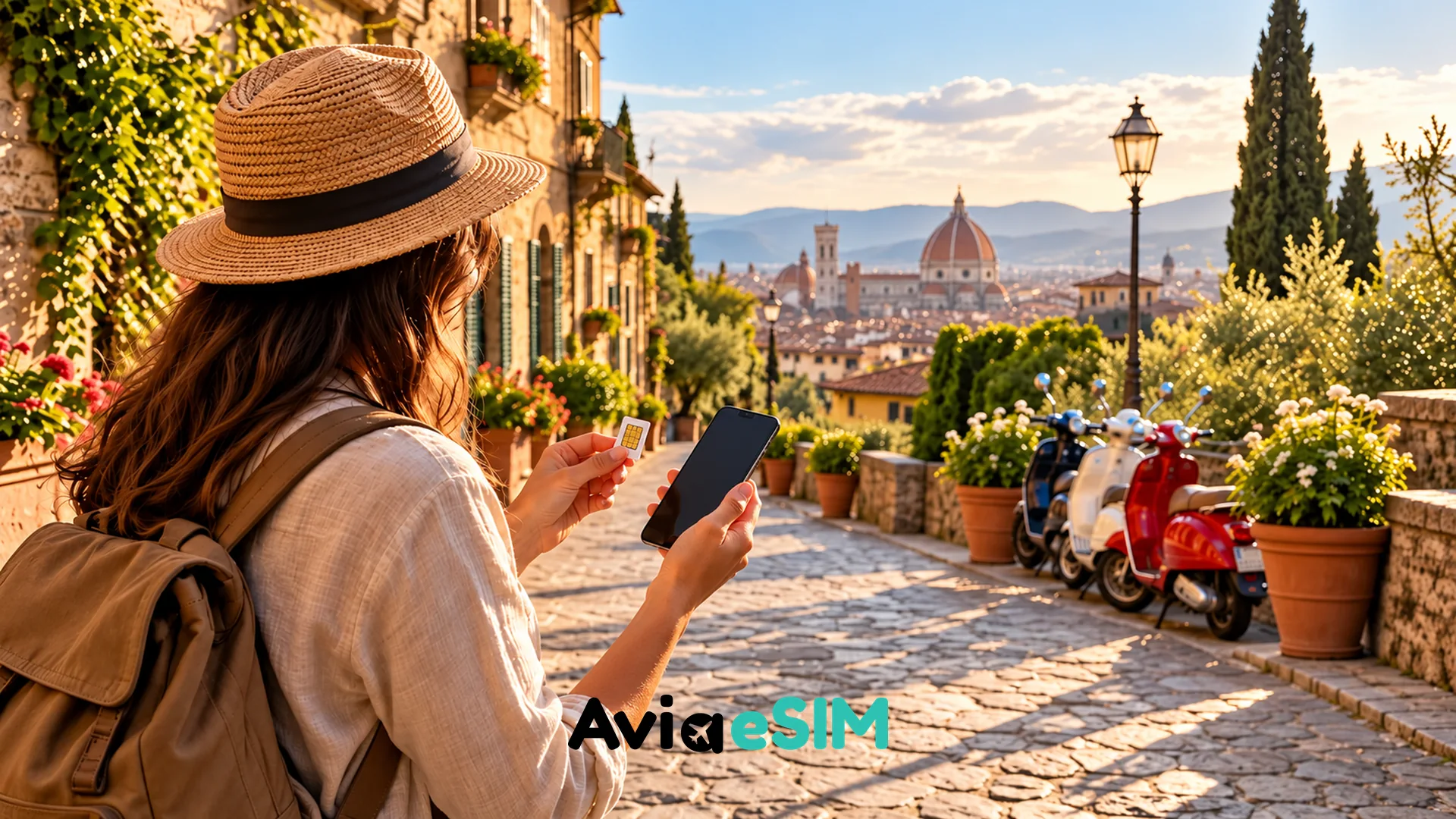 Traveler checking a phone in Florence, Italy, with the Duomo in the background